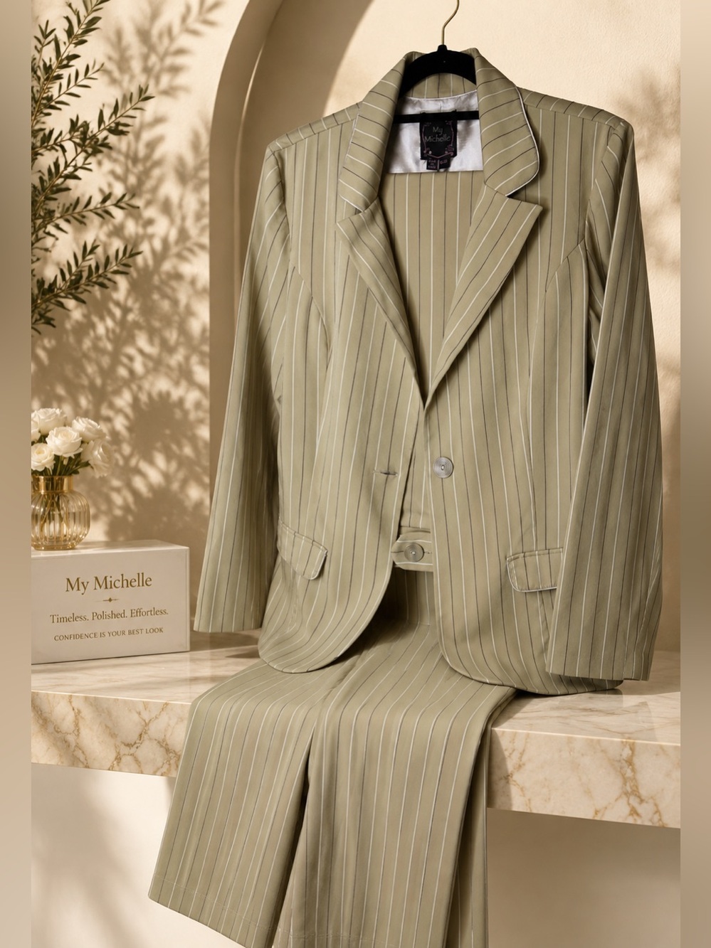 My Michelle | Women’s Tan Pinstripe 2pc Pant Suit